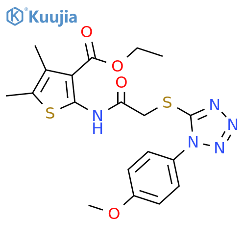 ethyl 2-(2-{1-(4-methoxyphenyl)-1H-1,2,3,4-tetrazol-5-ylsulfanyl}acetamido)-4,5-dimethylthiophene-3-carboxylate structure