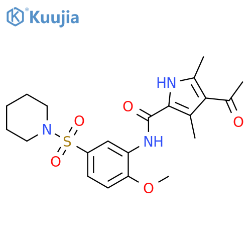 4-acetyl-N-2-methoxy-5-(piperidine-1-sulfonyl)phenyl-3,5-dimethyl-1H-pyrrole-2-carboxamide structure