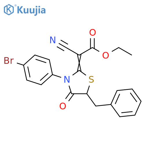 ethyl 2-(2Z)-5-benzyl-3-(4-bromophenyl)-4-oxo-1,3-thiazolidin-2-ylidene-2-cyanoacetate structure