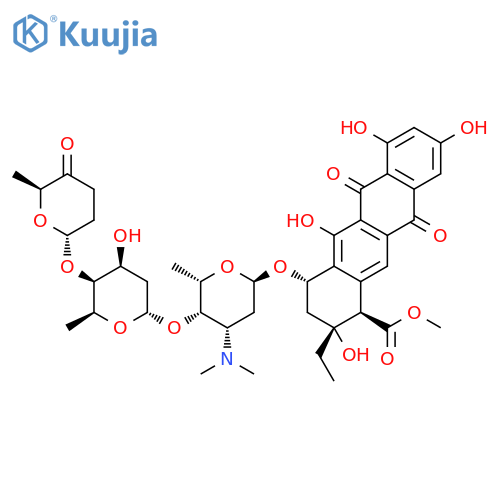 1-Naphthacenecarboxylicacid,2-ethyl-1,2,3,4,6,11-hexahydro-2,5,7,9-tetrahydroxy-6,11-dioxo-4-[[2,3,6-trideoxy-4-O-[2,6-dideoxy-4-O-[(2R-trans)-tetrahydro-6-methyl-5-oxo-2H-pyran-2-yl]-a-L-lyxo-hexopyranosyl]-3-(dimethylamino)-a-L-lyxo-hexopyranosyl]oxy]-,methyl ester, [1R-(1a,2b,4b)]- (9CI) structure