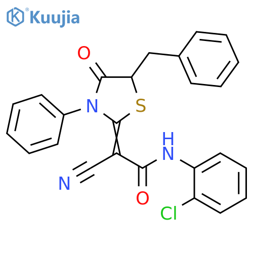 2-(2Z)-5-benzyl-4-oxo-3-phenyl-1,3-thiazolidin-2-ylidene-N-(2-chlorophenyl)-2-cyanoacetamide structure