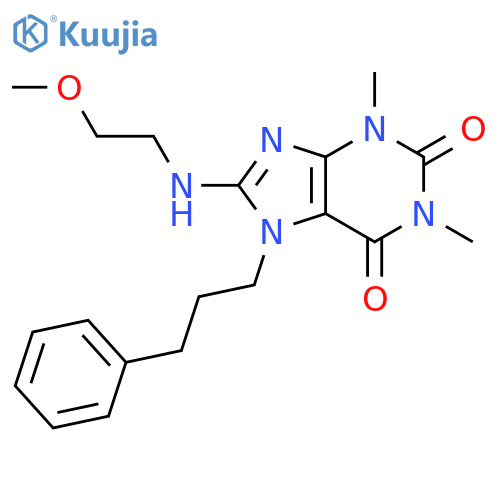 8-(2-methoxyethyl)amino-1,3-dimethyl-7-(3-phenylpropyl)-2,3,6,7-tetrahydro-1H-purine-2,6-dione structure