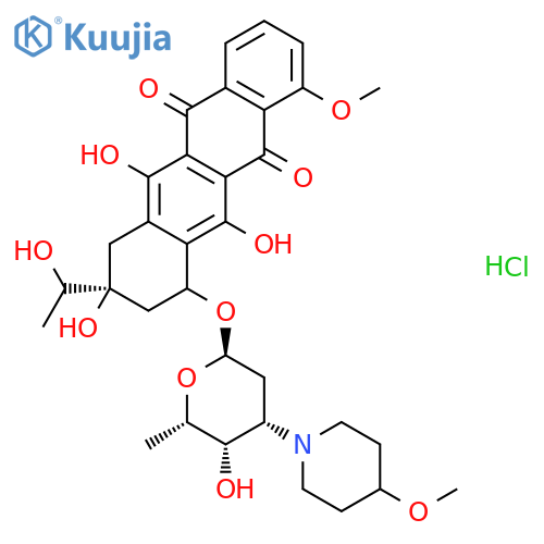 5,12-Naphthacenedione,7,8,9,10-tetrahydro-6,8,11-trihydroxy-8-(1-hydroxyethyl)-1-methoxy-10-[[2,3,6-trideoxy-3-(4-methoxy-1-piperidinyl)-a-L-lyxo-hexopyranosyl]oxy]-,hydrochloride (9CI) structure