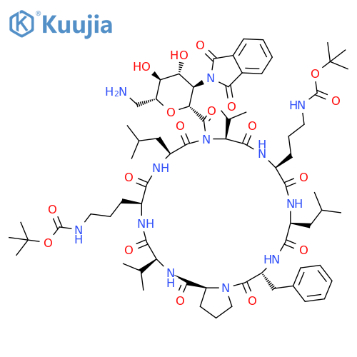 Cyclo[7-amino-2,6-anhydro-3,7-dideoxy-3-(1,3-dihydro-1,3-dioxo-2H-isoindol-2-yl)-D-glycero-D-gulo-heptonoyl-L-valyl-N5-[(1,1-dimethylethoxy)carbonyl]-L-ornithyl-L-leucyl-D-phenylalanyl-L-prolyl-L-valyl-N5-[(1,1-dimethylethoxy)carbonyl]-L-ornithyl-L-leucyl] structure