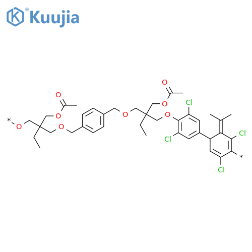 Poly[oxy[2-[(acetyloxy)methyl]-2-ethyl-1,3-propanediyl]oxymethylene-1,4-phenylenemethyleneoxy[2-[(acetyloxy)methyl]-2-ethyl-1,3-propanediyl]oxy(2,6-dichloro-1,4-phenylene)(1-methylethylidene)(3,5-dichloro-1,4-phenylene)] structure