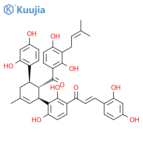 2-Propen-1-one,1-[3-[(1S,5R,6S)-6-[2,4-dihydroxy-3-(3-methyl-2-buten-1-yl)benzoyl]-5-(2,4-dihydroxyphenyl)-3-methyl-2-cyclohexen-1-yl]-2,4-dihydroxyphenyl]-3-(2,4-dihydroxyphenyl)-,(2E)- structure