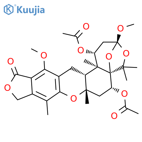 (1R)-1α,6α-Bis(acetyloxy)-1,2,3,6,7,7a,10,14,14aβ,14b-decahydro-3,13-dimethoxy-5,5,7aβ,9,14bα-pentamethyl-12H-3β,5aβ-epoxy-5H-furo[3,4-i]oxepino[4,3-a]xanthen-12-one structure