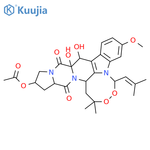 5H,12H-3,4-Dioxa-5a,11a,15a-triazacyclooct[lm]indeno[5,6-b]fluorene-11,15(2H,13H)-dione,13-(acetyloxy)-1,10,10a,14,14a,15b-hexahydro-10,10a-dihydroxy-7-methoxy-2,2-dimethyl-5-(2-methyl-1-propenyl)-,(5R,10S,10aR,13S,14aS,15bS)- (9CI) structure