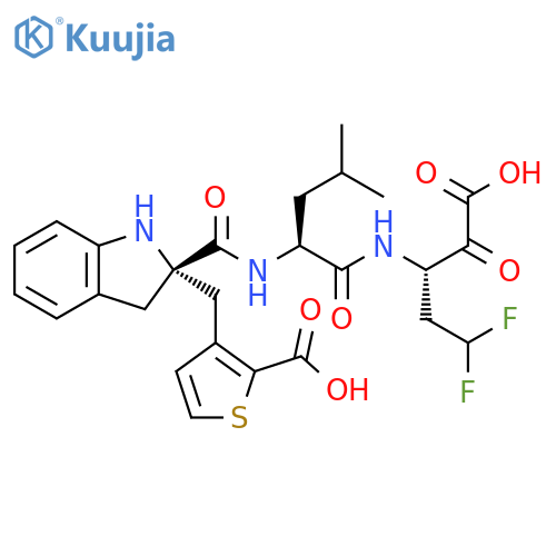 2-Thiophenecarboxylic acid, 3-[[(2S)-2-[[[(1S)-1-[[[(1S)-1-(carboxycarbonyl)-3,3-difluoropropyl]amino]carbonyl]-3-methylbutyl]amino]carbonyl]-2,3-dihydro-1H-indol-2-yl]methyl]- structure