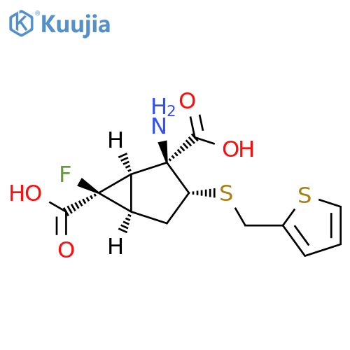 Bicyclo[3.1.0]hexane-2,6-dicarboxylic acid, 2-amino-6-fluoro-3-[(2-thienylmethyl)thio]-, (1R,2S,3R,5R,6R)- structure