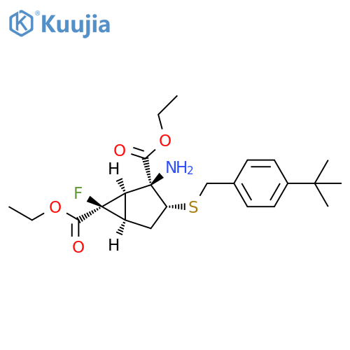 Bicyclo[3.1.0]hexane-2,6-dicarboxylic acid, 2-amino-3-[[[4-(1,1-dimethylethyl)phenyl]methyl]thio]-6-fluoro-, 2,6-diethyl ester, (1R,2S,3R,5R,6R)- structure