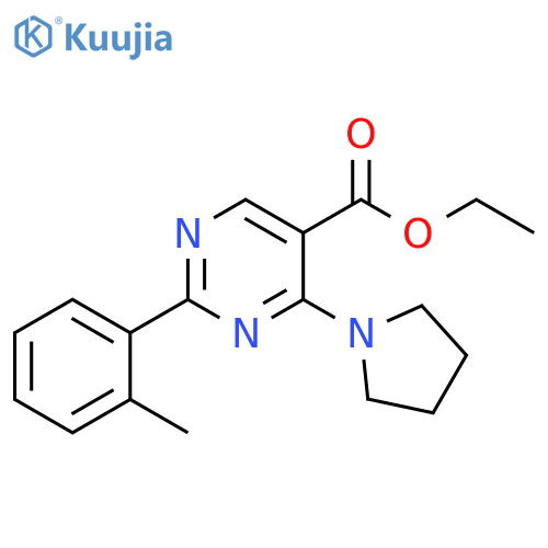 5-Pyrimidinecarboxylic acid, 2-(2-methylphenyl)-4-(1-pyrrolidinyl)-, ethyl ester structure