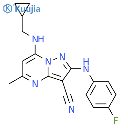 Pyrazolo[1,5-a]pyrimidine-3-carbonitrile,7-[(cyclopropylmethyl)amino]-2-[(4-fluorophenyl)amino]-5-methyl- structure