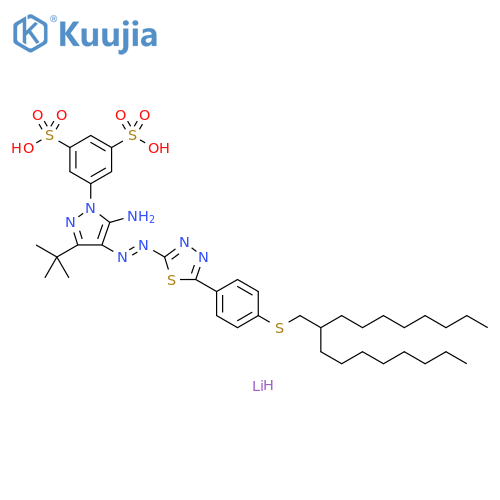 1,3-Benzenedisulfonic acid, 5-[5-amino-3-(1,1-dimethylethyl)-4-[2-[5-[4-[(2-octyldecyl)thio]phenyl]-1,3,4-thiadiazol-2-yl]diazenyl]-1H-pyrazol-1-yl]-, lithium salt (1:2) structure