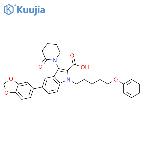 1H-Indole-2-carboxylic acid,5-(1,3-benzodioxol-5-yl)-3-(2-oxo-1-piperidinyl)-1-(5-phenoxypentyl)- structure