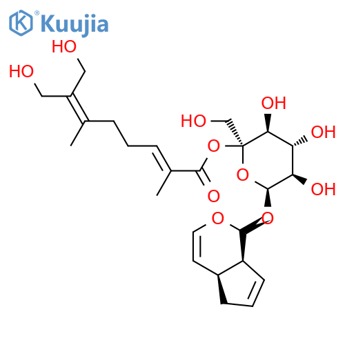 (2S,3S,4R,5R,6S)-3,4,5-trihydroxy-2-(hydroxymethyl)-6-[(4aS,7aS)-1,4a,5,7a-tetrahydrocyclopenta[c]pyran-1-yloxy]tetrahydro-2H-pyran-2-yl (2E)-8-hydroxy-7-(hydroxymethyl)-2,6-dimethylocta-2,6-dienoate (non-preferred name) structure
