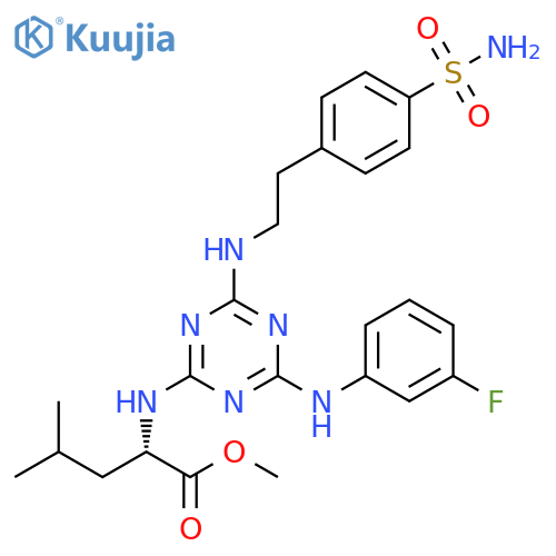 L-Leucine,N-[4-[[2-[4-(aminosulfonyl)phenyl]ethyl]amino]-6-[(3-fluorophenyl)amino]-1,3,5-triazin-2-yl]-, methyl ester structure