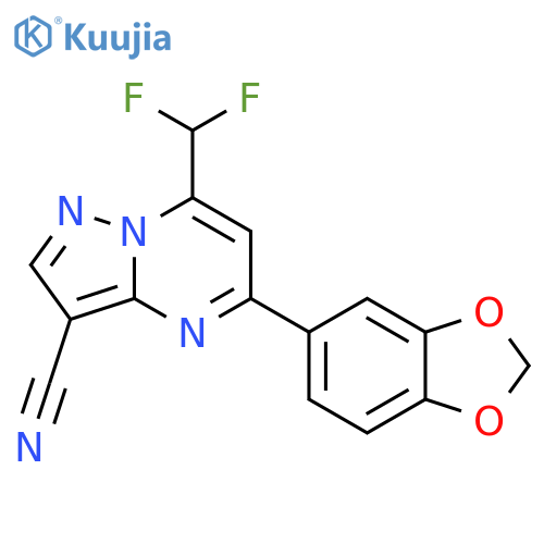 <br>5-(1,3-benzodioxol-5-yl)-7-(difluoromethyl)pyrazolo[1,5-a]pyrimidine-3-carb onitrile structure