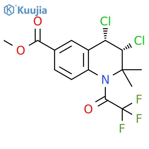 6-Quinolinecarboxylic acid, 3,4-dichloro-1,2,3,4-tetrahydro-2,2-dimethyl-1-(2,2,2-trifluoroacetyl)-, methyl ester, (3R,4S)-rel- structure