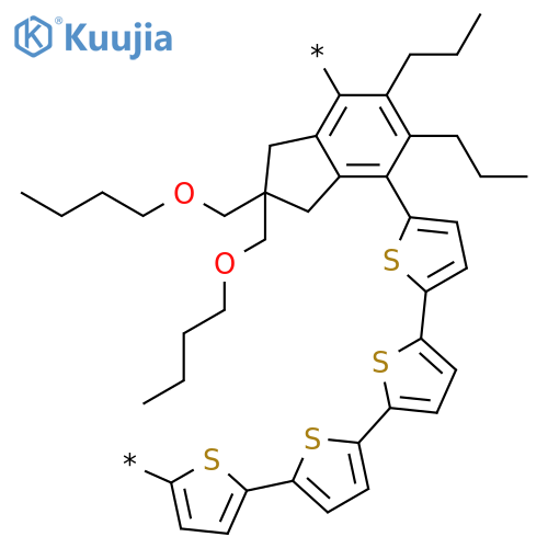 Poly[[2,2':5',2'':5'',2'''-quaterthiophene]-5,5'''-diyl[2,2-bis(butoxymethyl)-2,3-dihydro-5,6-dipropyl-1H-indene-4,7-diyl]] structure