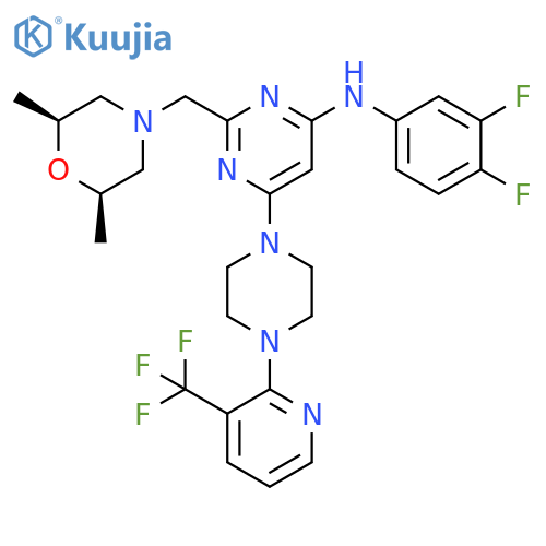 4-Pyrimidinamine, N-(3,4-difluorophenyl)-2-[[(2R,6S)-2,6-dimethyl-4-morpholinyl]methyl]-6-[4-[3-(trifluoromethyl)-2-pyridinyl]-1-piperazinyl]-, rel- structure