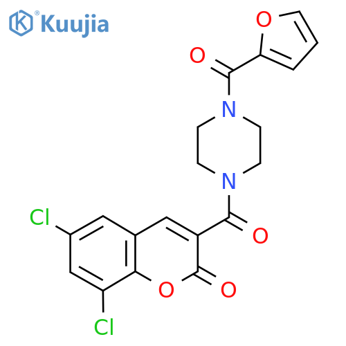 6,8-dichloro-3-4-(furan-2-carbonyl)piperazine-1-carbonyl-2H-chromen-2-one structure