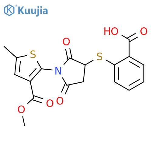 2-({1-3-(methoxycarbonyl)-5-methylthiophen-2-yl-2,5-dioxopyrrolidin-3-yl}sulfanyl)benzoic acid structure