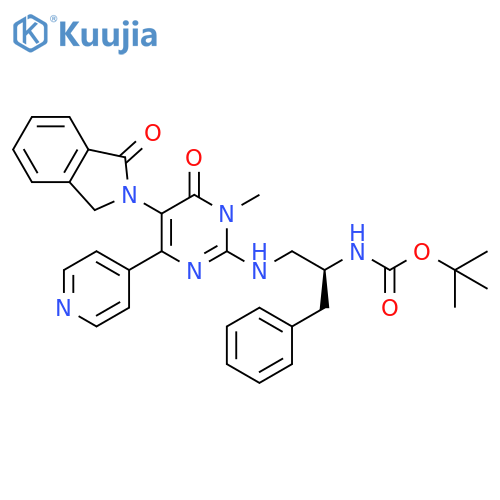 Carbamic acid,[(1S)-1-[[[5-(1,3-dihydro-1-oxo-2H-isoindol-2-yl)-1,6-dihydro-1-methyl-6-oxo-4-(4-pyridinyl)-2-pyrimidinyl]amino]methyl]-2-phenylethyl]-,1,1-dimethylethyl ester structure