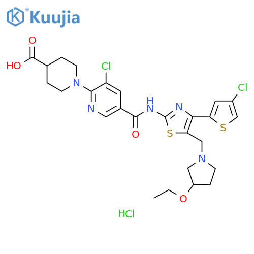 4-Piperidinecarboxylic acid, 1-[3-chloro-5-[[[4-(4-chloro-2-thienyl)-5-[(3-ethoxy-1-pyrrolidinyl)methyl]-2-thiazolyl]amino]carbonyl]-2-pyridinyl]-, hydrochloride (1:1) structure