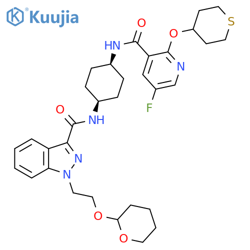 1H-Indazole-3-carboxamide, N-[cis-4-[[[5-fluoro-2-[(tetrahydro-2H-thiopyran-4-yl)oxy]-3-pyridinyl]carbonyl]amino]cyclohexyl]-1-[2-[(tetrahydro-2H-pyran-2-yl)oxy]ethyl]- structure