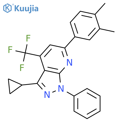 <br>3-Cyclopropyl-6-(3,4-dimethyl-phenyl)-1-phenyl-4-trifluoromethyl-1H-pyrazol o[3,4-b]pyridine structure