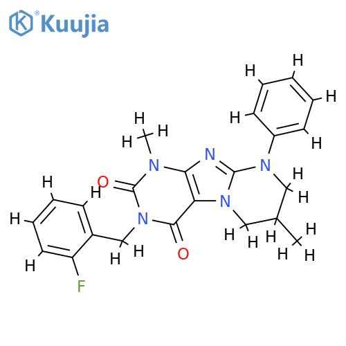 3-(2-fluorophenyl)methyl-1,7-dimethyl-9-phenyl-1H,2H,3H,4H,6H,7H,8H,9H-pyrimido1,2-gpurine-2,4-dione structure