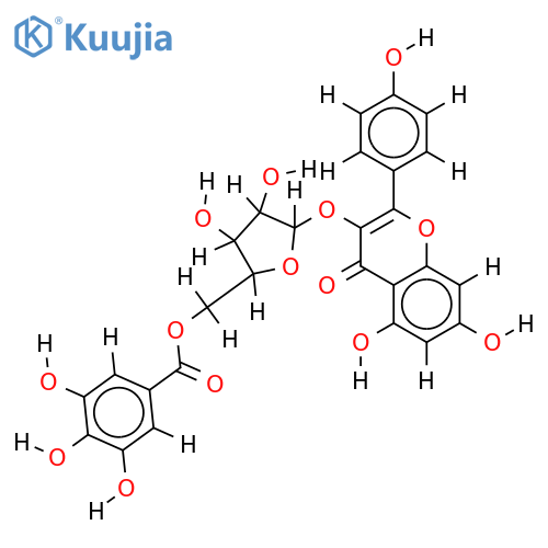 5,7-dihydroxy-2-(4-hydroxyphenyl)-4-oxo-4H-chromen-3-yl-5-O-alpha-L-(3,4,5-trihydroxybenzoyl)arabinofuranoside structure