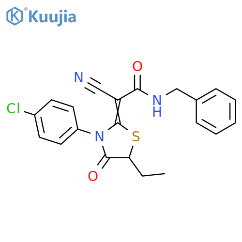 (2E)-N-benzyl-2-[3-(4-chlorophenyl)-5-ethyl-4-oxo-1,3-thiazolidin-2-ylidene]-2-cyanoacetamide structure