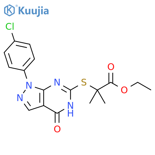 ethyl 2-{1-(4-chlorophenyl)-4-oxo-1H,4H,5H-pyrazolo3,4-dpyrimidin-6-ylsulfanyl}-2-methylpropanoate structure
