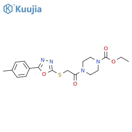 ethyl 4-(2-{5-(4-methylphenyl)-1,3,4-oxadiazol-2-ylsulfanyl}acetyl)piperazine-1-carboxylate structure