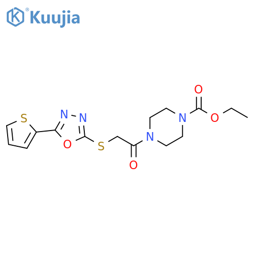 ethyl 4-(2-{5-(thiophen-2-yl)-1,3,4-oxadiazol-2-ylsulfanyl}acetyl)piperazine-1-carboxylate structure