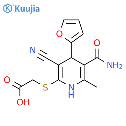 2-{5-carbamoyl-3-cyano-4-(furan-2-yl)-6-methyl-1,4-dihydropyridin-2-ylsulfanyl}acetic acid structure