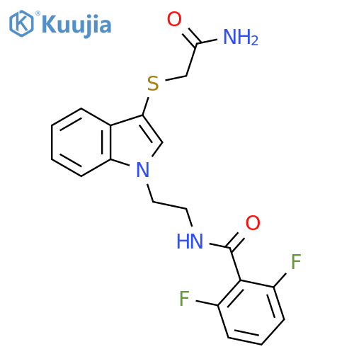 N-(2-{3-(carbamoylmethyl)sulfanyl-1H-indol-1-yl}ethyl)-2,6-difluorobenzamide structure