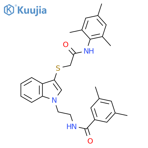 3,5-dimethyl-N-{2-3-({(2,4,6-trimethylphenyl)carbamoylmethyl}sulfanyl)-1H-indol-1-ylethyl}benzamide structure