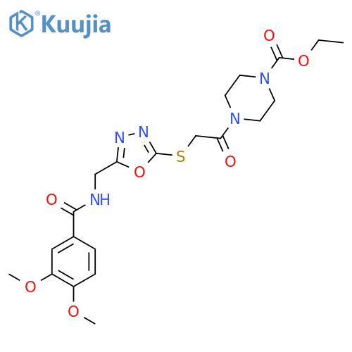 ethyl 4-{2-(5-{(3,4-dimethoxyphenyl)formamidomethyl}-1,3,4-oxadiazol-2-yl)sulfanylacetyl}piperazine-1-carboxylate structure