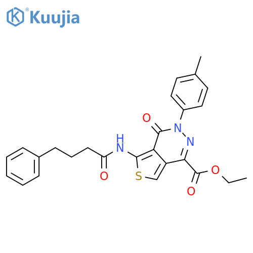 ethyl 3-(4-methylphenyl)-4-oxo-5-(4-phenylbutanamido)-3H,4H-thieno3,4-dpyridazine-1-carboxylate structure
