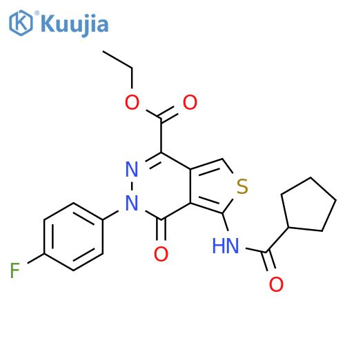 ethyl 5-cyclopentaneamido-3-(4-fluorophenyl)-4-oxo-3H,4H-thieno3,4-dpyridazine-1-carboxylate structure