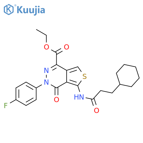 ethyl 5-(3-cyclohexylpropanamido)-3-(4-fluorophenyl)-4-oxo-3H,4H-thieno3,4-dpyridazine-1-carboxylate structure