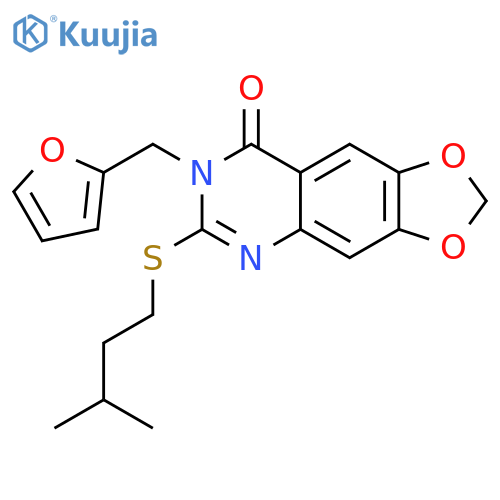7-(furan-2-yl)methyl-6-(3-methylbutyl)sulfanyl-2H,7H,8H-1,3dioxolo4,5-gquinazolin-8-one structure