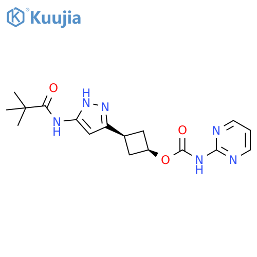 Carbamic acid, 2-pyrimidinyl-,cis-3-[5-[(2,2-dimethyl-1-oxopropyl)amino]-1H-pyrazol-3-yl]cyclobutylester structure