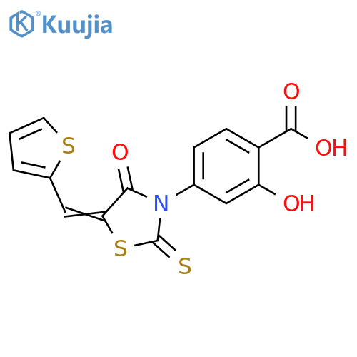 2-hydroxy-4-(5E)-4-oxo-2-sulfanylidene-5-(thiophen-2-yl)methylidene-1,3-thiazolidin-3-ylbenzoic acid structure