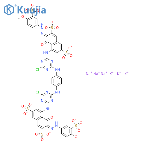 2,7-Naphthalenedisulfonicacid,4,4'-[1,4-phenylenebis[imino(6-chloro-1,3,5-triazine-4,2-diyl)imino]]bis[5-hydroxy-6-[(4-methoxy-3-sulfophenyl)azo]-,potassium sodium salt (9CI) structure