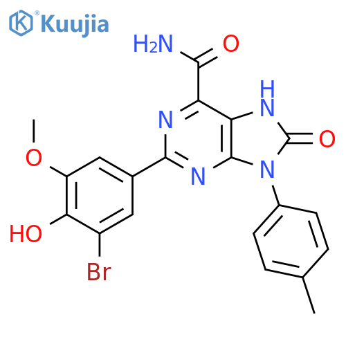 2-(3-bromo-4-hydroxy-5-methoxyphenyl)-9-(4-methylphenyl)-8-oxo-8,9-dihydro-7H-purine-6-carboxamide structure