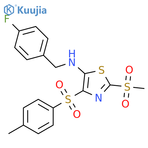 N-(4-fluorophenyl)methyl-2-methanesulfonyl-4-(4-methylbenzenesulfonyl)-1,3-thiazol-5-amine structure